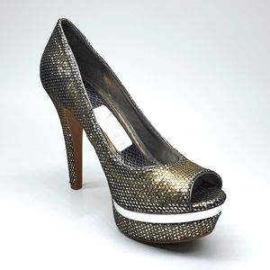 GIANNI BINI Silver Gold Peep Toe Stiletto Pumps NWT